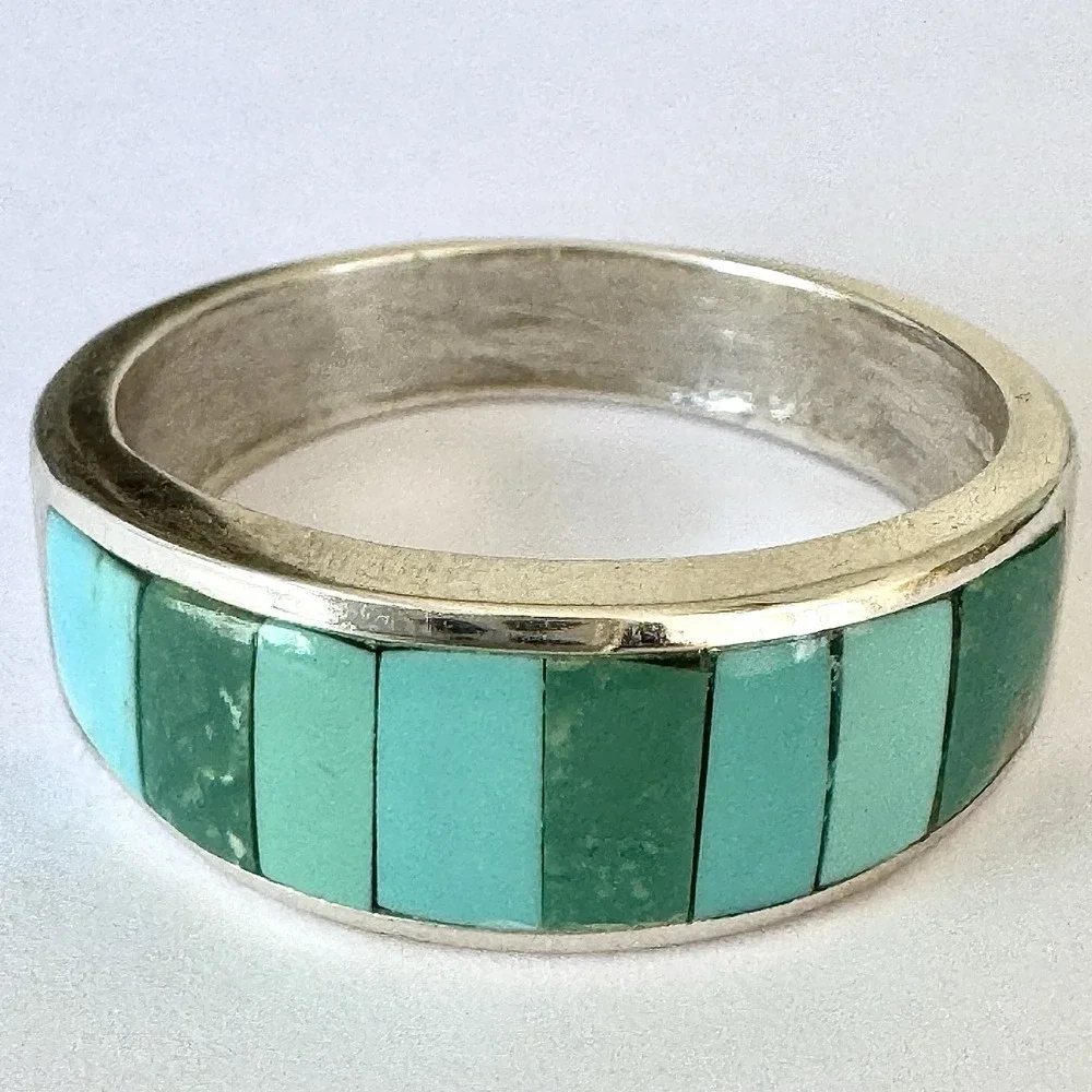 Navajo Mens Wedding Band Turquoise Inlay Sz 11.5 Ring 8mm Signed Tsosie Native
